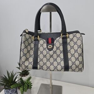 GUCCI - Vintage GG Sherry Line Boston Bag in Rare Navy Blue, PVC & Leather​​